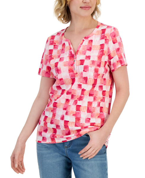 Women's Brushy Tile Short Sleeve Henley Top Steel Rose L